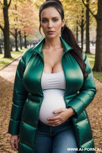 Pregnant brunette in park, wearing gigantic oversized shiny green puffer coat, green t-shirt under jacket, open blue jeans, pussy visible - ai-porn.ai on pornsimulated.com