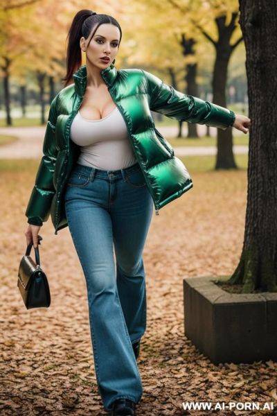 Brunette in park, wearing gigantic oversized shiny green puffer coat, green t-shirt under jacket, blue jeans, - ai-porn.ai on pornsimulated.com