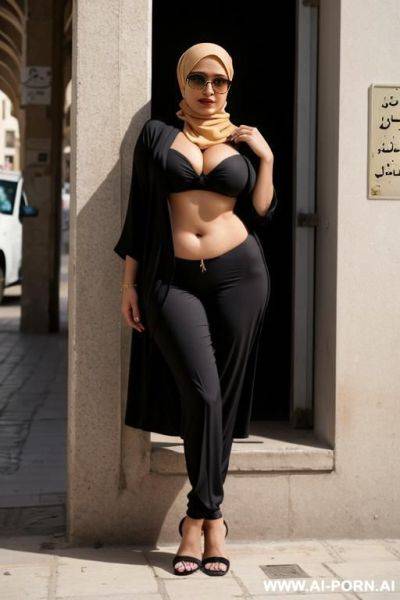 Curvy arabic busty wearing hijab and bikini standing in front of old homeless man in street - ai-porn.ai on pornsimulated.com