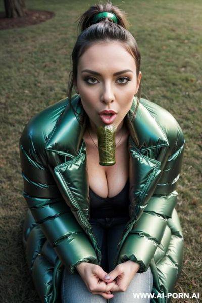 Brunette in park, (((wearing gigantic oversized shiny green puffer coat))), on her knees, sucking penis,, hands on penis, penis in mouth, looking up, green t-shirt under jacket, blue jeans, penis in mouth, sucking - ai-porn.ai on pornsimulated.com