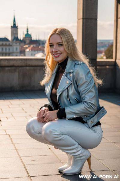 Beautiful woman, czech, blonde, mid 20s, long hair, plaza, natural boobs, natural big ass, czech city in background, light blue leather jacket, white leather pants, black boots - ai-porn.ai - Czech Republic on pornsimulated.com