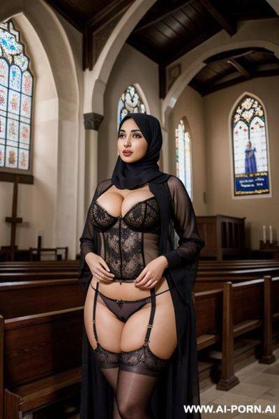 Curvy arabic busty wearing hijab and colored lingerie standing beside old priest in church - ai-porn.ai on pornsimulated.com