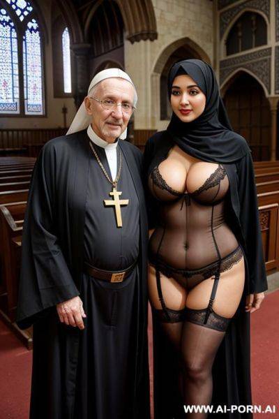 Curvy arabic busty wearing hijab and lingerie standing beside old priest in church - ai-porn.ai on pornsimulated.com