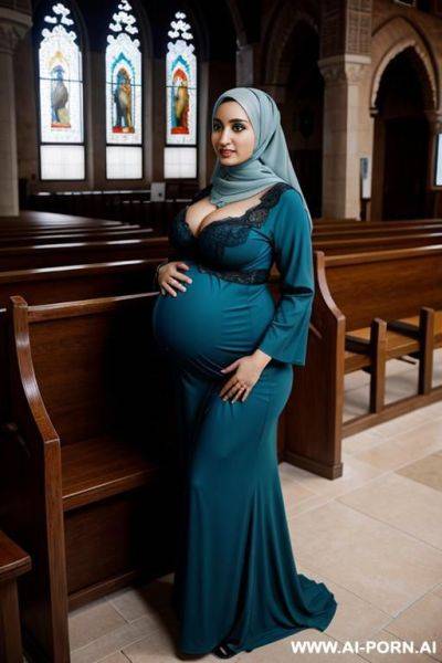 Pregnant curvy arabic busty wearing hijab and colored lingerie standing beside old priest in church - ai-porn.ai on pornsimulated.com