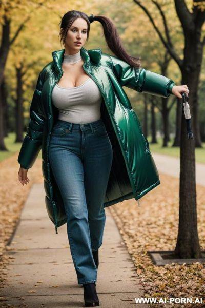 Brunette in park, wearing gigantic oversized shiny green puffer coat, green t-shirt under jacket, open blue jeans, pussy visible - ai-porn.ai on pornsimulated.com