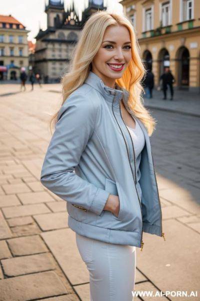 Beautiful woman, czech, blonde, mid 20s, long hair, plaza, natural boobs, natural big ass, czech city in background, light blue jacket, white pants - ai-porn.ai - Czech Republic on pornsimulated.com