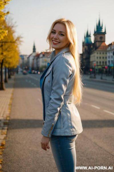 Beautiful woman, czech, blonde, mid 20s, long hair, plaza, natural boobs, natural big ass, czech city in background, light blue jacket, white jeans - ai-porn.ai - Czech Republic on pornsimulated.com