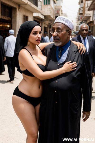 Curvy arabic busty wearing hijab and bikini hugged from black grandpa in crowded street - ai-porn.ai on pornsimulated.com