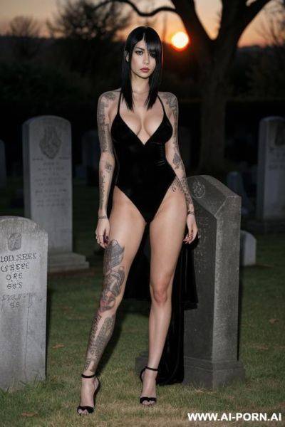 Fully naked goth babe, black ankle bracelets, posing in a graveyard, many black tattoos - ai-porn.ai on pornsimulated.com