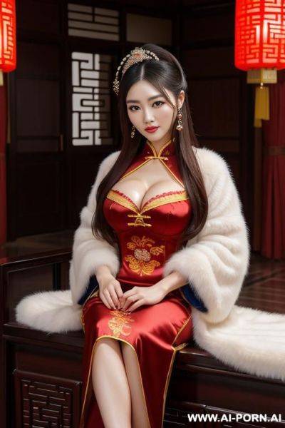 Chinese traditional clog, silk, winter clothes, palace, beautiful face, perfect body, big eyes, big breasts, chinese, detail, seductive, rich lady, royal - ai-porn.ai - China on pornsimulated.com