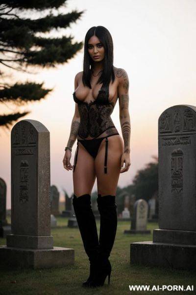 Topless, lacy panties, black ankle-boots, posing in a graveyard, many black tattoos - ai-porn.ai on pornsimulated.com