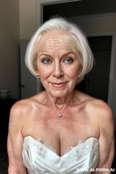 Mature, saggy, wrinkly, medium length white hair, wedding. dress - ai-porn.ai on pornsimulated.com