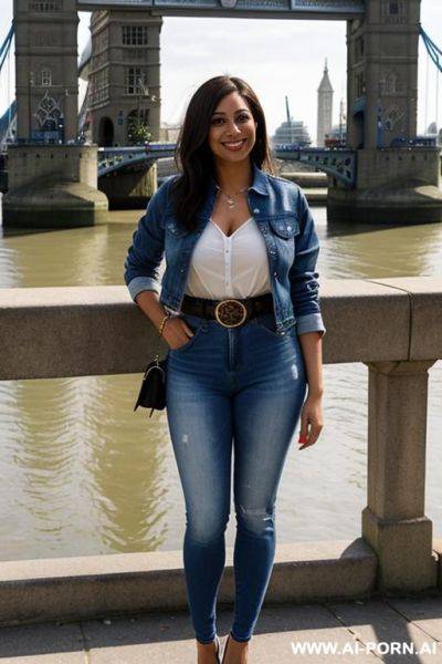 Denim jacket, white blouse, belt, denim jean, high heels, posing in front of tower bridge, chubb - ai-porn.ai on pornsimulated.com