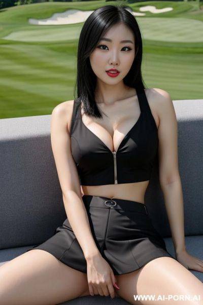 Sexy nerdy chinese woman, black hair, crop top, golf skirt, spreading her legs. cleavage showing, and spreading her legs. teasing - ai-porn.ai - China on pornsimulated.com