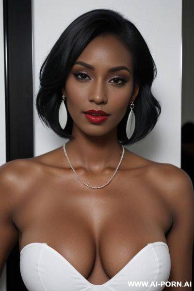 1woman, solo, elry, black_hair, necklace, dark_skin, dark-skinned_female, realistic, earrings, armpits, short_hair, makeup, lipstick, arm_up, strapless, upper_body, dress, red_lips, lips - ai-porn.ai on pornsimulated.com