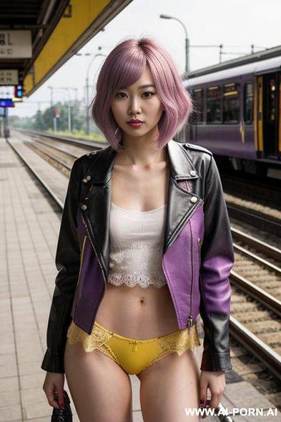 Eye contact topless leather jacket yellow lace panties railway station platform - ai-porn.ai on pornsimulated.com