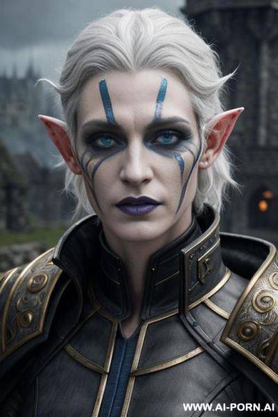 Fantasy portrait of a ash-grey skinned elf, masculine, androgynous, sorecerer, artificer, cracked face, black facial scars, blue eyes, sharp features, sad expression, fangs, , glowing white curly hair, rainy castle background, ultra detailed - ai-porn.ai on pornsimulated.com