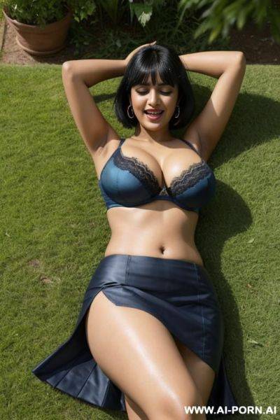 Indian woman, 20 years, short straight hair, black hair, bangs, voluptuous, natural boobs, naval piercing, blue bra, blue skirt, lying on grass, hands up, garden, seductive smile, open mouth, orgasm, closed eyes, view from top - ai-porn.ai - India on pornsimulated.com