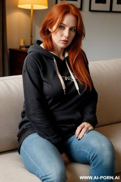 French woman, messy and mussed long ginger hair, massive breasts, hoodie, living room, sit in a sofa - ai-porn.ai - France on pornsimulated.com