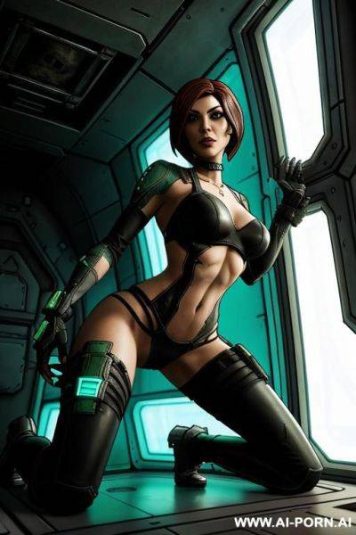 Moze from borderlands 3, in a spaceship, kneeling down, sucking big veiny green mutant cock - ai-porn.ai on pornsimulated.com