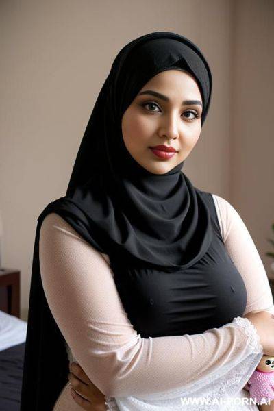 Curvy arabic busty wearing hijab and colored doll hugged from black grandpa in bedroom - ai-porn.ai on pornsimulated.com