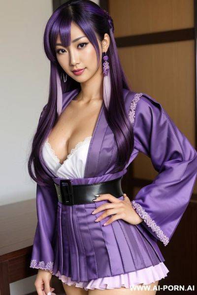 Closeup, tanned skin colour, elaborate flowing hairdo, purple hair with black highlights, milf escort, - ai-porn.ai on pornsimulated.com