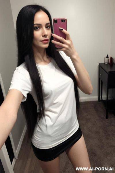 Woman long hair knee-length t-shirt selfie photo in the mirror - ai-porn.ai on pornsimulated.com