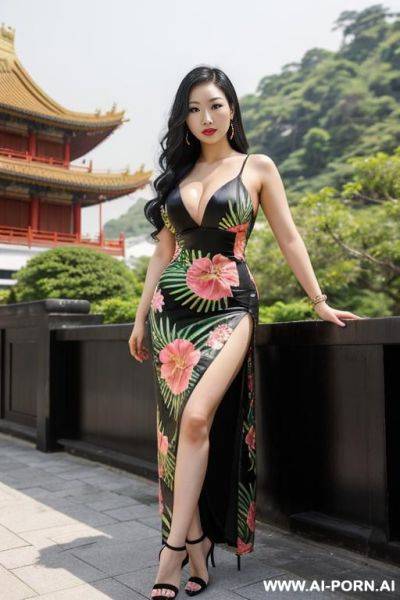 East asian woman, (detailed face), (massive wide hips), black hair, wearing a long tropical dress, chinese dress, wearing high heels, posing outdoors, - ai-porn.ai - China on pornsimulated.com