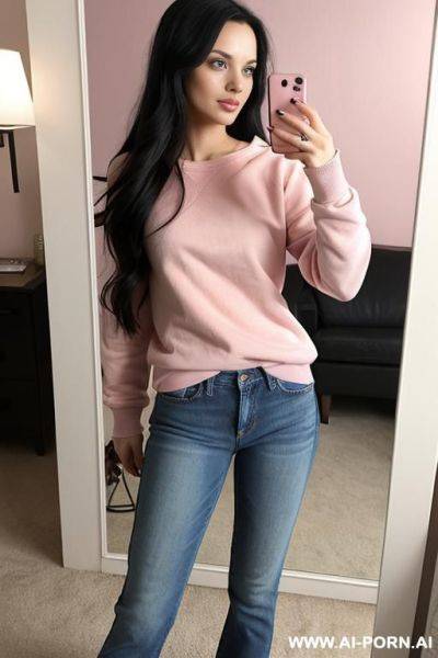 Woman long dark hair jeans pink sweatshirt selfie photo in the mirror - ai-porn.ai on pornsimulated.com