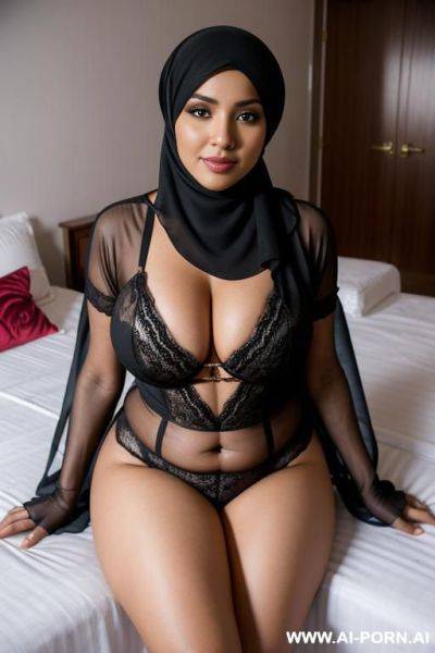 Curvy arabic busty wearing hijab and lingerie sitting on the bed beside black grandpa in bedroom - ai-porn.ai on pornsimulated.com