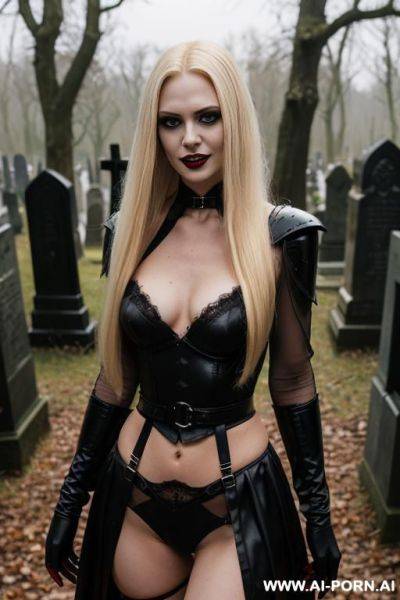 Red eyes long blonde hair. wearing armor. wearing a black dress in a gloomy cemetery. - ai-porn.ai on pornsimulated.com