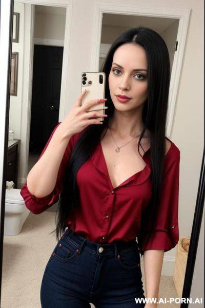 Woman long dark hair red blouse jeans selfie photo in the mirror - ai-porn.ai on pornsimulated.com