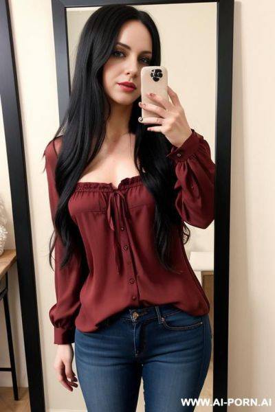 Woman long dark hair red fat blouse jeans selfie photo in the mirror - ai-porn.ai on pornsimulated.com