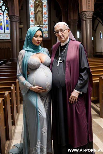 Pregnant curvy arabic busty wearing hijab and colored lingerie standing beside old priest in church - ai-porn.ai on pornsimulated.com