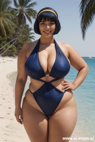 Egyptian queen wearing darkblue swimsuit, (bobcut hairstyle), (((massive huge breasts))), full body view, photorealistic, ((chubby woman)), ((wide hips)), beach, smiling, (hairband), (showing armpit) - ai-porn.ai - Egypt on pornsimulated.com