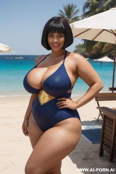 Egyptian queen wearing darkblue fullbody swimsuit, (bobcut hairstyle), (((massive huge breasts))), full body view, photorealistic, ((chubby woman)), ((wide hips)), beach, smiling, (showing armpit), ((huge butt)) - ai-porn.ai - Egypt on pornsimulated.com