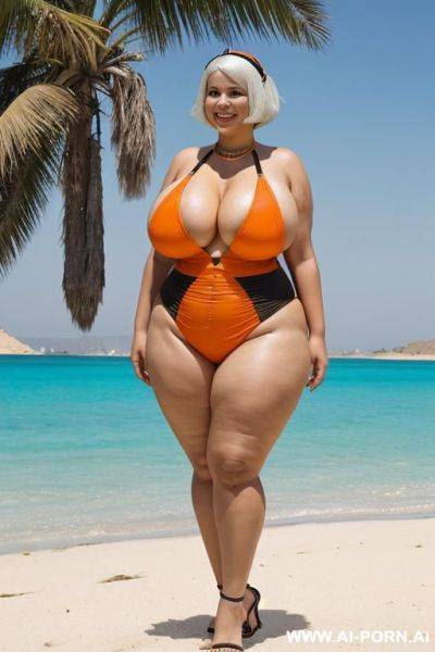 Egyptian queen wearing orange and black colored swimsuit, (white hair), (bobcut hairstyle), (((massive huge breasts))), full body view, photorealistic, ((chubby woman)), ((wide hips)), ((huge butt)), beach, smiling - ai-porn.ai - Egypt on pornsimulated.com