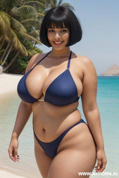 Egyptian queen wearing darkblue swimsuit, (bobcut hairstyle), (((massive huge breasts))), full body view, photorealistic, ((chubby woman)), ((wide hips)), beach, smiling, (showing armpit) - ai-porn.ai - Egypt on pornsimulated.com