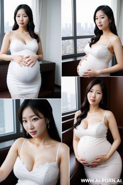 Two korean women, pregnant, ((detailed faces)), wearing white dresses, posing in a penthouse - ai-porn.ai - North Korea on pornsimulated.com