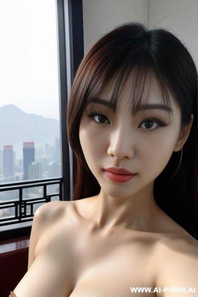 马尾中国女孩，裸体，穿着一字带高跟凉鞋，蹲者双腿张开 - ai-porn.ai on pornsimulated.com