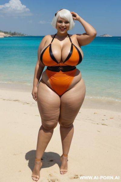 Egyptian queen wearing orange and black colored swimsuit, (white hair), (bobcut hairstyle), (((massive huge breasts))), full body view, photorealistic, ((chubby woman)), ((wide hips)), ((huge butt)), beach, smiling, (showing armpit) - ai-porn.ai - Egypt on pornsimulated.com