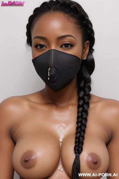 Cock deep throat in mouth, face covered with white sperm, white cum dripping from tits, white cum dripping from face, black braided hair - ai-porn.ai on pornsimulated.com