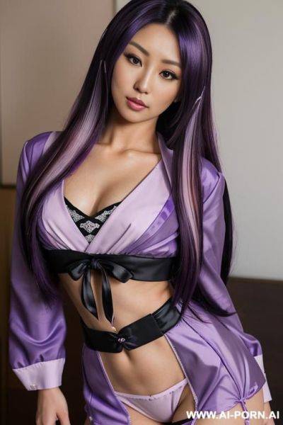 Closeup, tanned skin colour, elaborate flowing hairdo, purple hair with black highlights, milf escort, - ai-porn.ai on pornsimulated.com