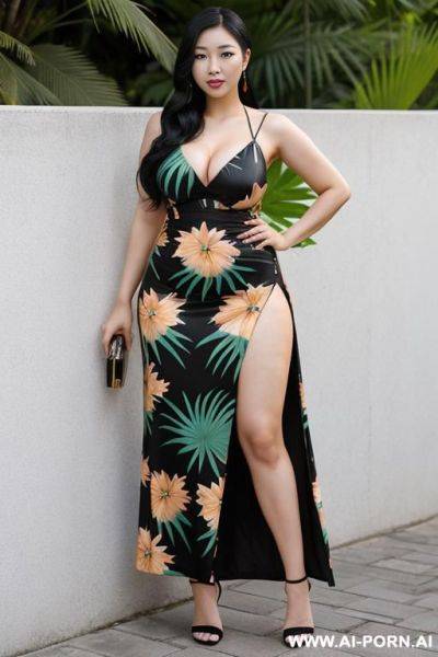 East asian woman, (detailed face), (massive wide hips), black hair, wearing a long tropical dress, wearing high heels, posing outdoors. - ai-porn.ai on pornsimulated.com