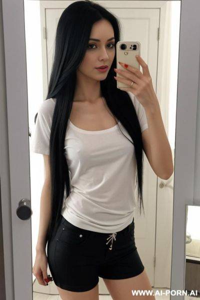 Woman long hair knee-length t-shirt selfie photo in the mirror - ai-porn.ai on pornsimulated.com