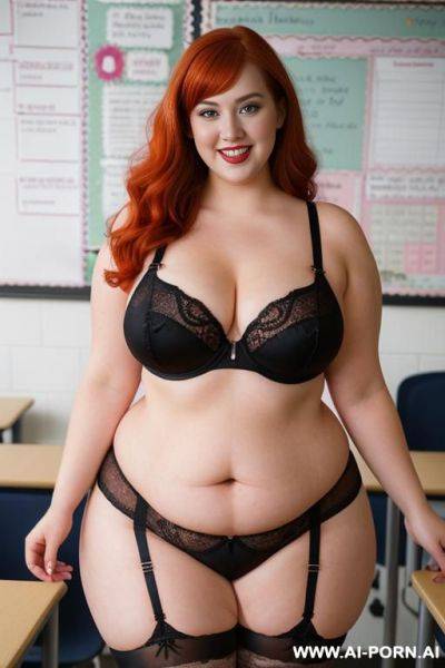 Full body photo shot, about at classroom, fat bbw curvy teacher, wearing a sexy and hot magenta lace stocking lingeries, she is on four points pose - ai-porn.ai on pornsimulated.com