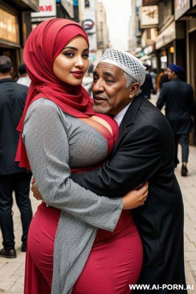 Curvy arabic busty wearing hijab and fishnet hugged from black grandpa in crowded street - ai-porn.ai on pornsimulated.com