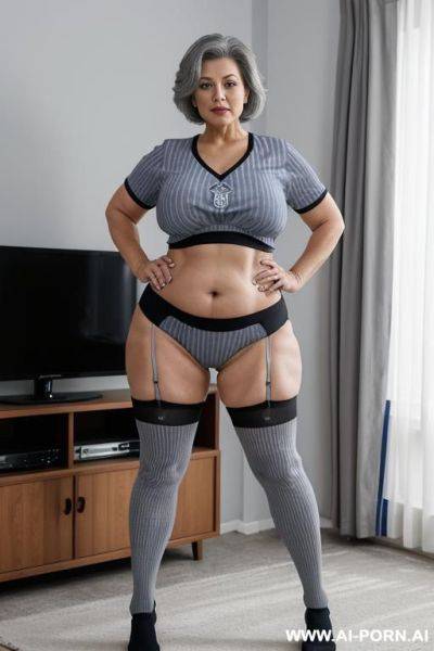 0 year old grandmother, full body, standing, lady, very visible signs of age, short gray hair, triangular hips, thick thighs, wearing a blue football shirt with black stripes, wearing long - ai-porn.ai on pornsimulated.com