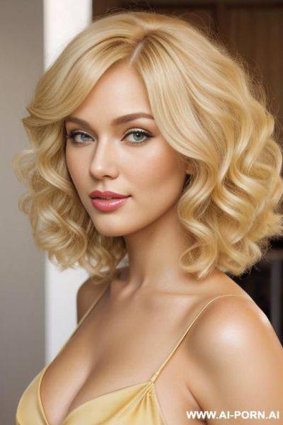 Elegant classy refined blonde pin-up model with giant bouncy fluffy thick voluminous blonde curly bob cut hair, big sexy blonde curls, massive bouncy blonde curls, gorgeous blonde curly hair, big - ai-porn.ai on pornsimulated.com