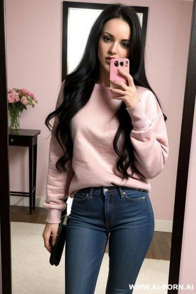 Woman long dark hair jeans pink sweatshirt selfie photo in the mirror - ai-porn.ai on pornsimulated.com